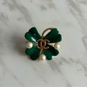 Chanel Four Leaf Clover Green & Pearl Brooch Pin